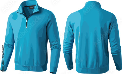 Teal quarter zip pullover sweatshirt front and back view realistic apparel mockup long sleeve casual clothing vector illustration design modern