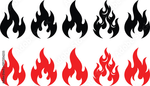 Collection of black and red flame icons in various styles and shapes