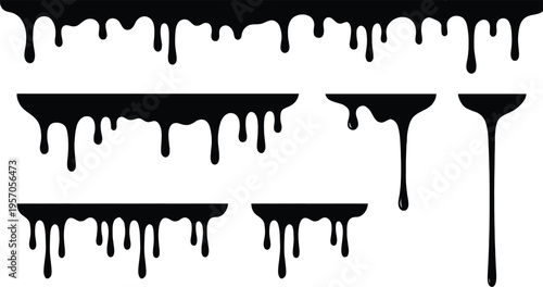 Black paint drips and splatters on white background