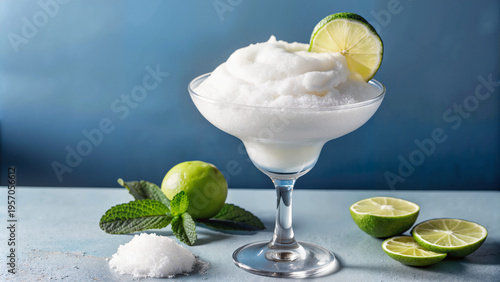 Frozen lime margarita cocktail with mint and salt on blue background  