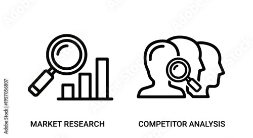 Business intelligence icons: market research & competitor analysis for strategy development with magnifying glass
