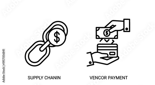 Supply chain management and vendor payment icon set - financial logistics and transaction with chain link