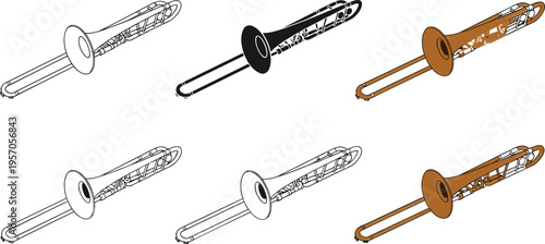 Set of Trombone Musical Instruments with Brass Color Variations, Black Silhouettes, Line Art Outlines, and Orchestral Wind Instrument Design Elements