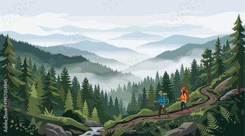 Two people with backpacks hike on a winding path through a lush green forest with misty mountains in the background, evoking adventure and nature.