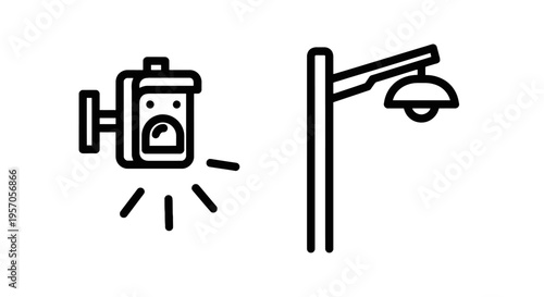 Outdoor security wall light and street lamp post icon - public area illumination with public lighting