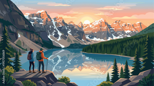 Two hikers stand on a rocky outcrop overlooking a serene mountain lake reflecting snow-capped peaks and a vibrant sunset sky, evoking adventure and tranquility.