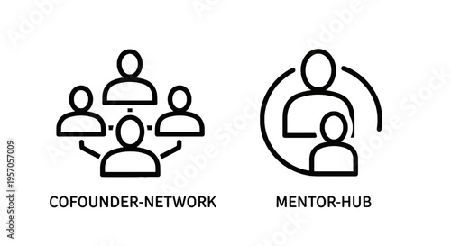 Startup business network icons: cofounder connections and mentor hub for collaboration and support with line art