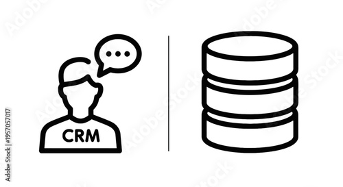 Crm customer relationship management system and data storage database outline icon with speech bubble