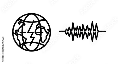 Global earthquake seismic activity waveform and world map outline icon for planet monitoring with sound wave