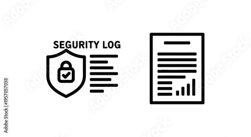 Security log with shield and padlock outline icon for data protection and document report with cyber security