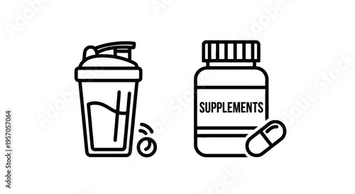 Protein shaker bottle and nutritional supplements for fitness and healthy lifestyle outline icon with sport nutrition