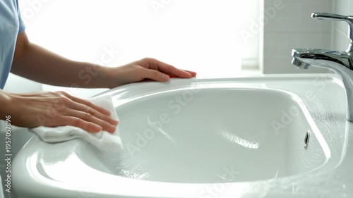 Woman cleaning a white bathroom sink with a cloth. Household chore and hygiene routine. Domestic lifestyle activity for maintaining cleanliness in the washroom.
