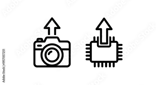 Digital content upload and technology processor update line icons for data transfer and system integration with camera upload