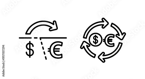 Global currency exchange and foreign money transfer line icons for international financial transactions with dollar euro