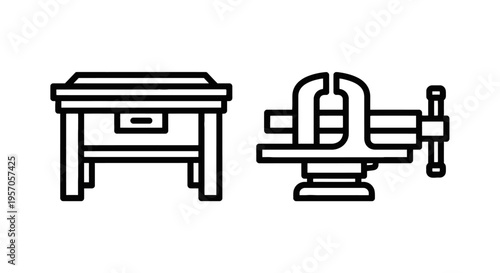 Workshop workbench and bench vise line icons for industrial tools and craftsmanship with hand tools