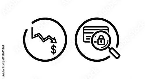 Financial decline and credit card security check line icons for economic downturn and secure transactions with secure transaction