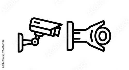 Security camera and door peephole line icons for home surveillance and property monitoring systems with cctv system