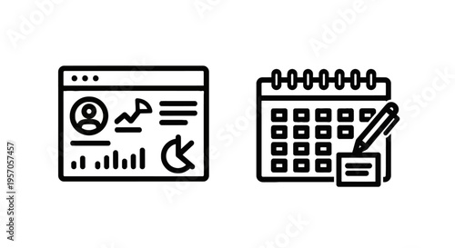 Business dashboard and calendar schedule icons: data analytics, planning, and project management workflow, line art