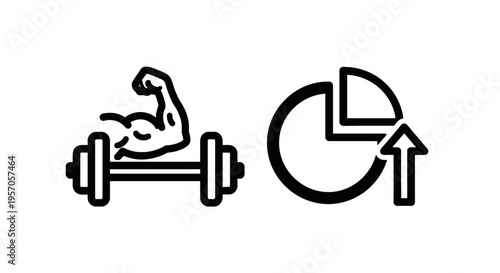 Muscle strength and performance growth line icons for fitness progress and business improvement with workout icon