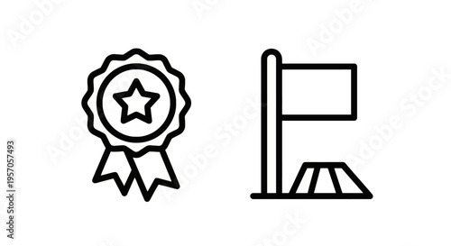 Achievement and goal setting icons: success, quality, reward, progress, and business objectives, finish line