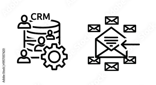 Crm system customer relationship management and email marketing automation outline icon set for business strategy with black white