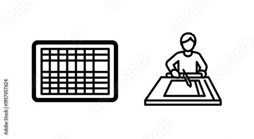 Spreadsheet table and graphic designer working at desk outline icon set for data entry and creative project management with digital art