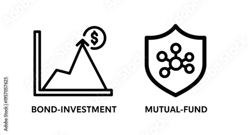 Bond investment growth graph and mutual fund security shield icons for financial planning and asset management with dollar sign