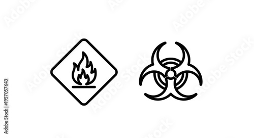 Flammable warning and biohazard safety symbols outline icon set for chemical safety and hazardous material handling with warning sign