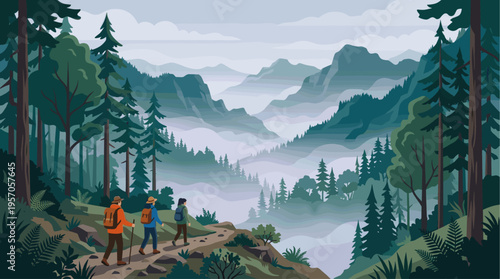 Three backpackers walk along a scenic mountain trail surrounded by dense pine forests and a misty, layered landscape of distant peaks.