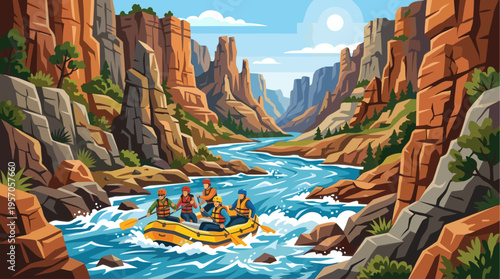 A group of five people in a yellow raft navigate a turbulent blue river through a majestic, sun-drenched canyon with towering rock formations and green trees under a bright blue sky.