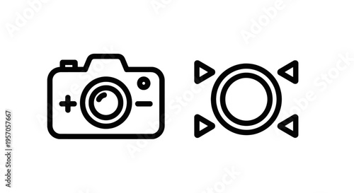 Digital camera exposure adjustment and 360 degree view outline icon set for photography and virtual reality interface with user interface