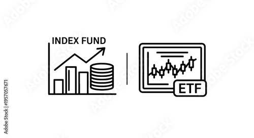 Index fund investment growth chart and etf exchange traded fund outline icon set for financial market analysis with stock chart