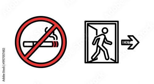 Safety and emergency exit signage with no smoking prohibition symbol icon set with no smoking sign