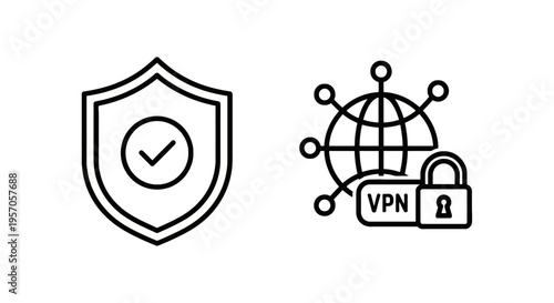 Cybersecurity and vpn network protection icons for data privacy and online security with internet security