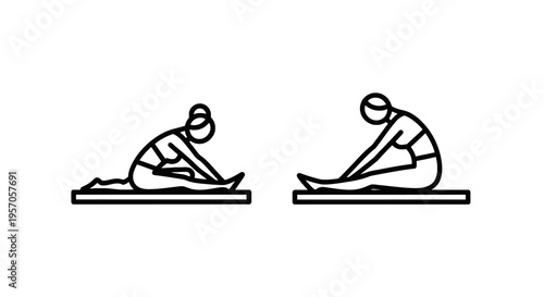 Seated forward bend yoga pose outline icon set for pilates stretching fitness and wellness exercise programs with exercise program