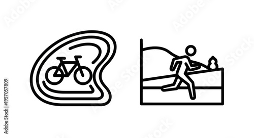 Urban activity icons featuring a bicycle lane sign and a person running outdoors in minimalist black line art for fitness transportation and healthy lifestyle