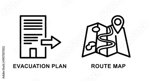 Emergency safety icons showing building evacuation plan and navigation route map in minimalist black line style for facility management and wayfinding graphics