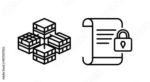 Blockchain technology and secure digital document icons featuring interconnected data blocks and locked file in minimalist black line art for information safety