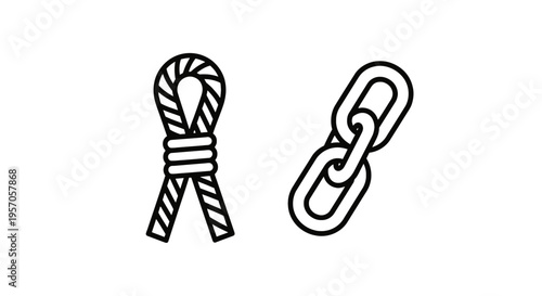Rope knot and metal chain link icons, line art vector illustration for strength, security, connection and durability concepts