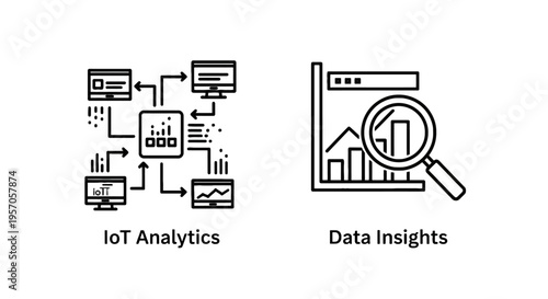 Big data analytics and iot technology icons showing connected monitoring devices and magnifying glass over graphs in minimalist black line art illustration