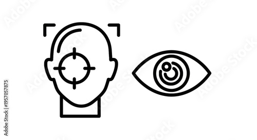 Biometric facial recognition and eye scan icons, line art vector illustration for digital security, identity verification and surveillance technology