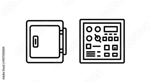 Industrial security and control interface icon set featuring armored safe box door and complex electronic dashboard with buttons switches and digital display