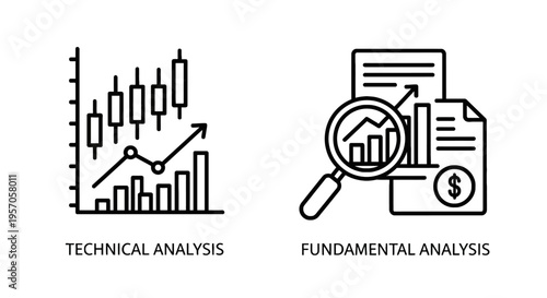 Financial markets analysis icon set including technical candlestick stock charts and fundamental document research for investment strategy and trading decisions