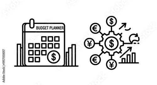 Financial planning and global currency management icon set with budget planner calendar and exchange gear system for wealth management and accounting tasks