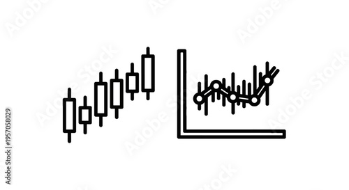 Data visualization and financial growth chart icon set with stock market candlestick pattern and statistical line graph for business performance monitoring