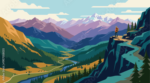 A stylized illustration depicts a solitary hiker standing on a rocky cliff edge, gazing at a vast mountain valley with a river, trees, and distant snow-capped peaks.
