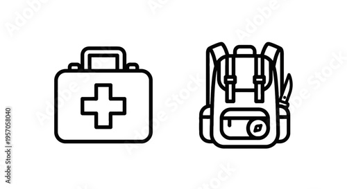 Emergency preparedness and outdoor travel icon set featuring medical first aid kit briefcase and hiking backpack for adventure safety and camping supplies