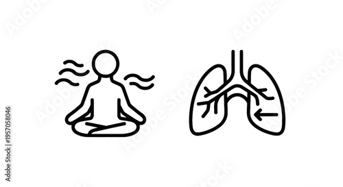 Meditation and breathing exercise outline icons with person in lotus pose and human lungs for mindfulness respiratory health and mental wellness app design