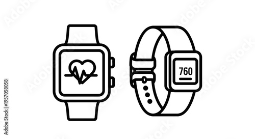 Smartwatch and fitness tracker outline icons showing heart rate monitor and calorie counter for healthcare wellness tech apps and mobile interface design