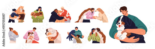 Set of people hugging dogs. Men, women and kids cuddle pets. Characters embrace puppies, hold doggies on hands. Owners love domestic animals. Flat isolated vector illustrations on white background